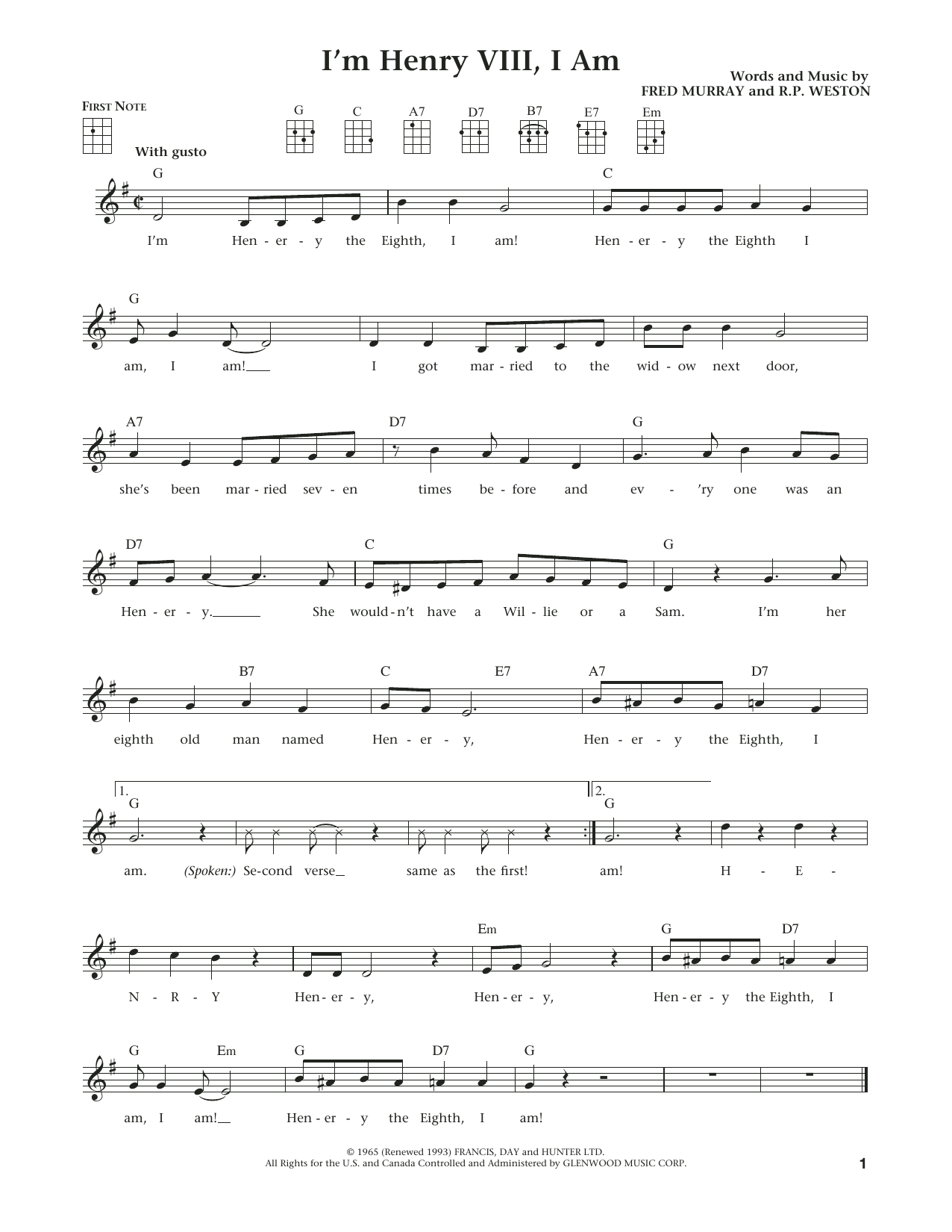 Herman's Hermits I'm Henry VIII, I Am (from The Daily Ukulele) (arr. Liz and Jim Beloff) sheet music notes and chords. Download Printable PDF.