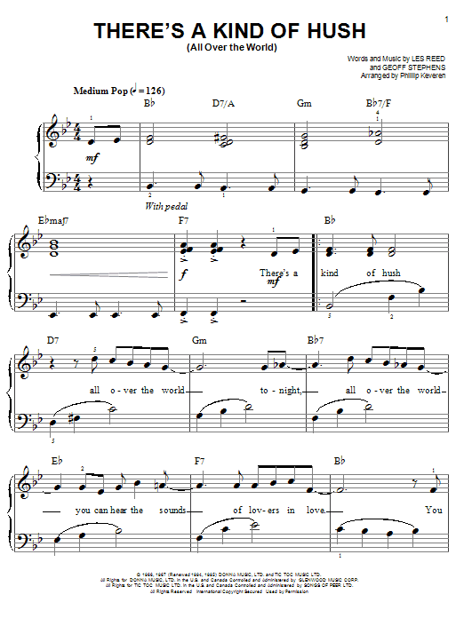 Herman's Hermits There's A Kind Of Hush (All Over The World) sheet music notes and chords. Download Printable PDF.