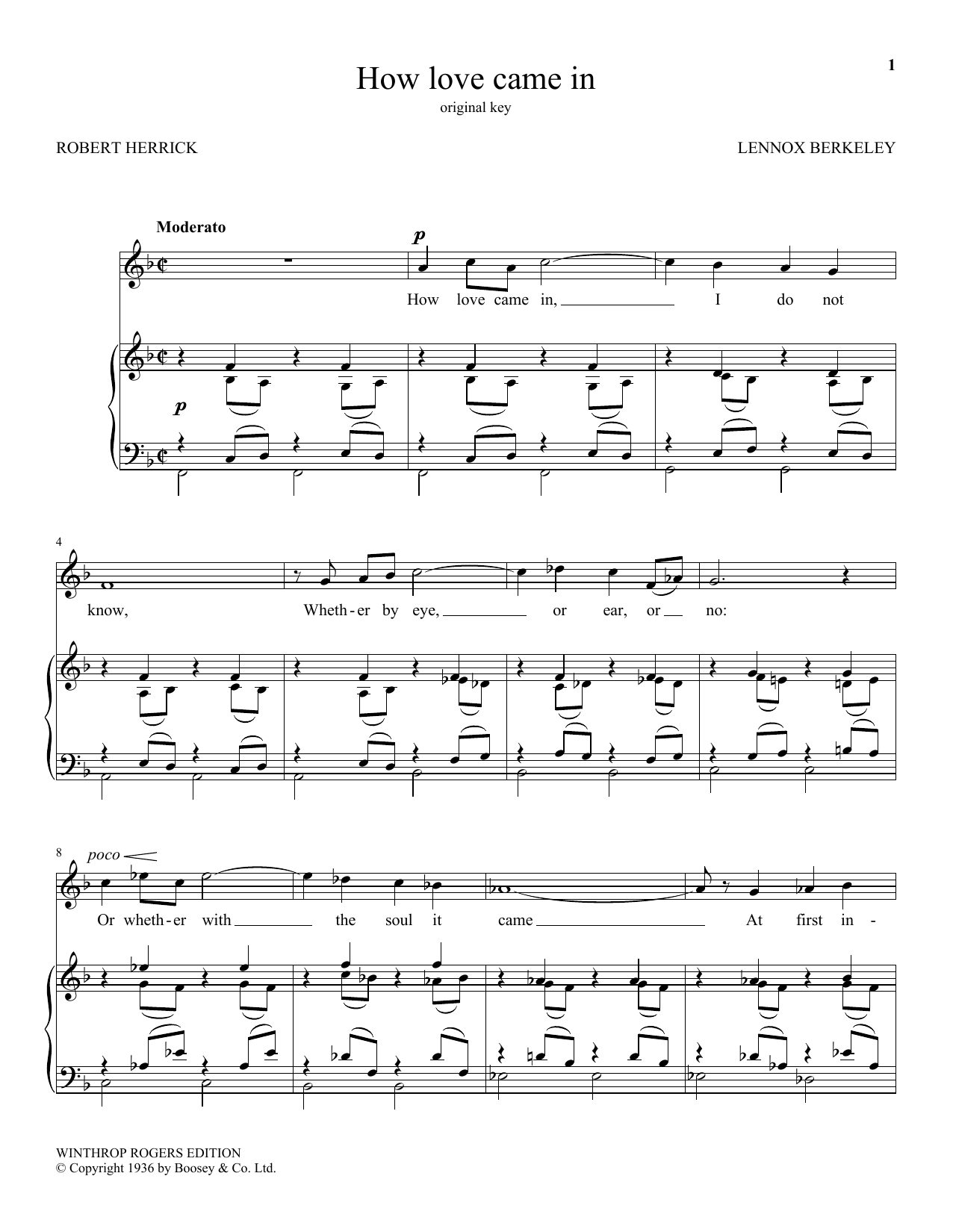 Learn to play Herrick How Love Came In sheet music for Piano & Vocal in minutes. Price: 7.8900$ Herrick How Love Came In sheet music notes and chords arranged for Piano & Vocal