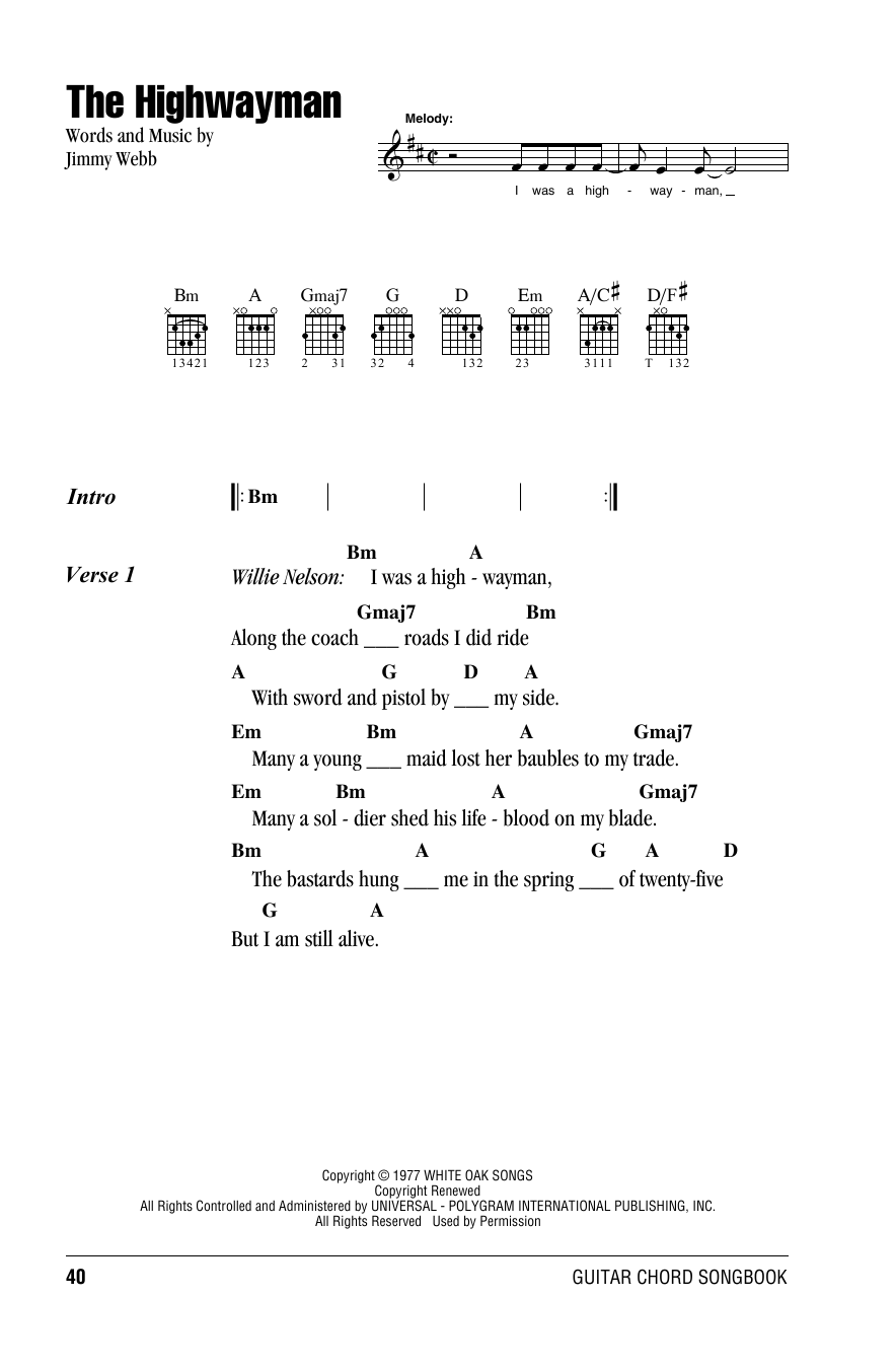 Highwaymen The Highwayman sheet music notes and chords. Download Printable PDF.