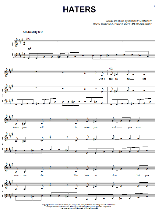 Learn to play Hilary Duff Haters sheet music for Piano, Vocal & Guitar Chords (Right-Hand Melody) in minutes. Price: 7.8900$ Hilary Duff Haters sheet music notes and chords arranged for Piano, Vocal & Guitar Chords (Right-Hand Melody)