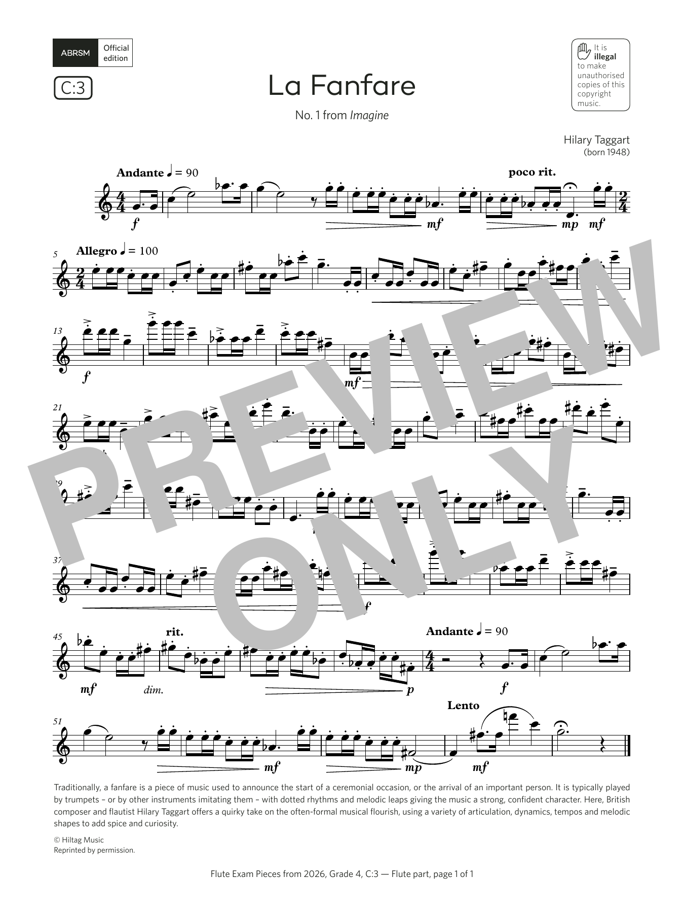 Learn to play Hilary Taggart La Fanfare (Grade 4, list C3, from the ABRSM Flute Syllabus from 2026) sheet music for Flute Solo in minutes. Price: 5.9900$ Hilary Taggart La Fanfare (Grade 4, list C3, from the ABRSM Flute Syllabus from 2026) sheet music notes and chords arranged for Flute Solo