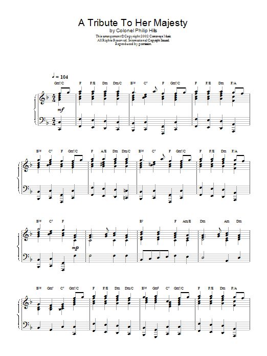 Learn to play Colonel Philip Hills A Tribute To Her Majesty sheet music for Piano Solo in minutes. Price: 7.8900$ Colonel Philip Hills A Tribute To Her Majesty sheet music notes and chords arranged for Piano Solo