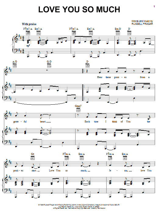 Learn to play Russell Fragar Love You So Much sheet music for Piano, Vocal & Guitar Chords (Right-Hand Melody) in minutes. Price: 7.8900$ Russell Fragar Love You So Much sheet music notes and chords arranged for Piano, Vocal & Guitar Chords (Right-Hand Melody)