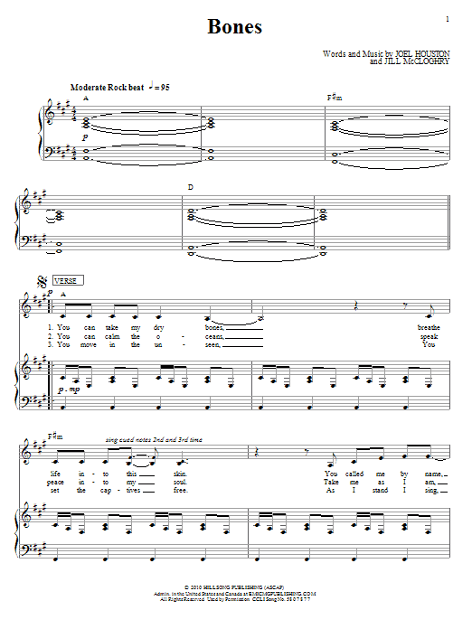 Learn to play Hillsong United Bones sheet music for Piano, Vocal & Guitar Chords (Right-Hand Melody) in minutes. Price: 7.8900$ Hillsong United Bones sheet music notes and chords arranged for Piano, Vocal & Guitar Chords (Right-Hand Melody)