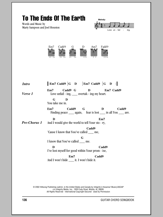 Hillsong United To The Ends Of The Earth sheet music notes and chords. Download Printable PDF.