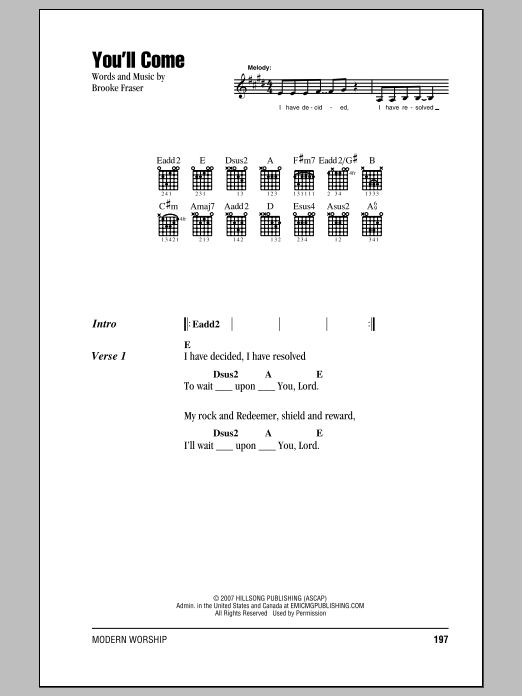 Brooke Fraser You'll Come sheet music notes and chords. Download Printable PDF.