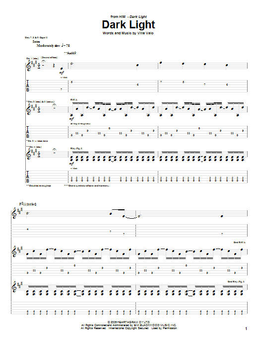 Learn to play H.I.M. Dark Light sheet music for Guitar Tab in minutes. Price: 7.8900$ H.I.M. Dark Light sheet music notes and chords arranged for Guitar Tab