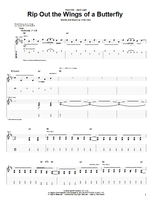 Learn to play H.I.M. Rip Out The Wings Of A Butterfly sheet music for Guitar Tab in minutes. Price: 7.8900$ H.I.M. Rip Out The Wings Of A Butterfly sheet music notes and chords arranged for Guitar Tab