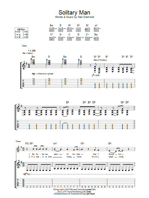 H.I.M. Solitary Man sheet music notes and chords arranged for Guitar Tab