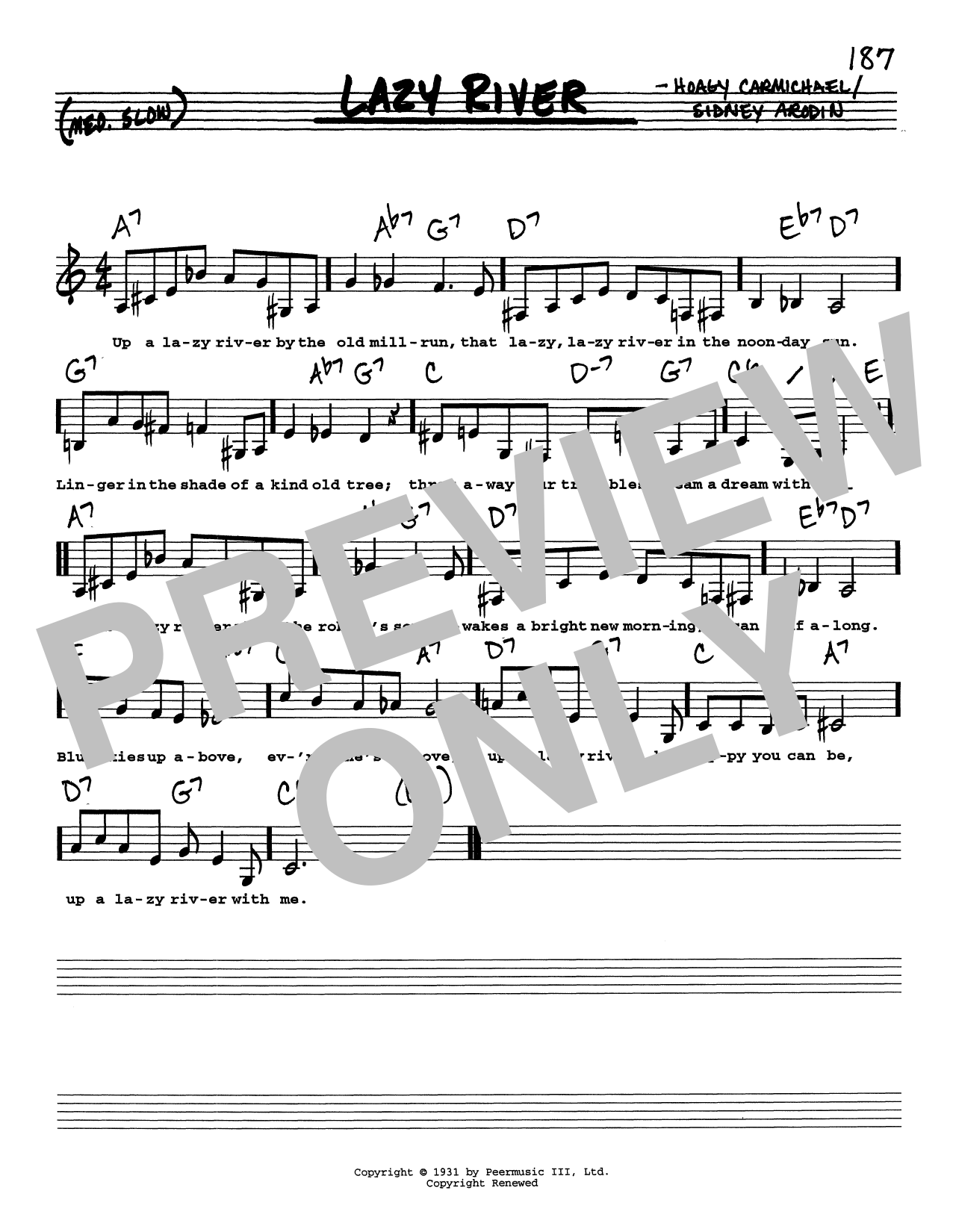 Hoagy Carmichael Lazy River (Low Voice) sheet music notes and chords arranged for Real Book – Melody, Lyrics & Chords