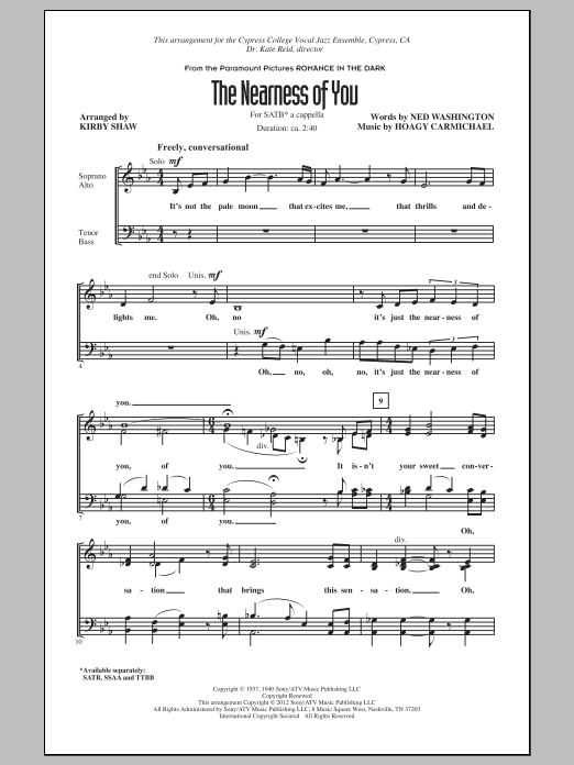 Kirby Shaw The Nearness Of You sheet music notes and chords. Download Printable PDF.