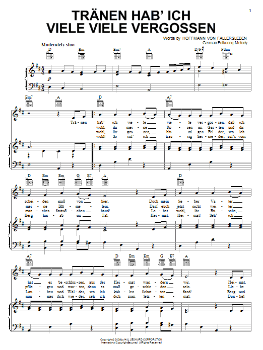 Learn to play August Heinrich Hoffmann von Fallersleben Tranen Hab'ich Viele Viele Vergossen sheet music for Piano, Vocal & Guitar Chords (Right-Hand Melody) in minutes. Price: 7.8900$ August Heinrich Hoffmann von Fallersleben Tranen Hab'ich Viele Viele Vergossen sheet music notes and chords arranged for Piano, Vocal & Guitar Chords (Right-Hand Melody)