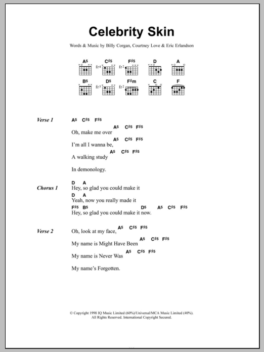 Hole Celebrity Skin sheet music notes and chords. Download Printable PDF.