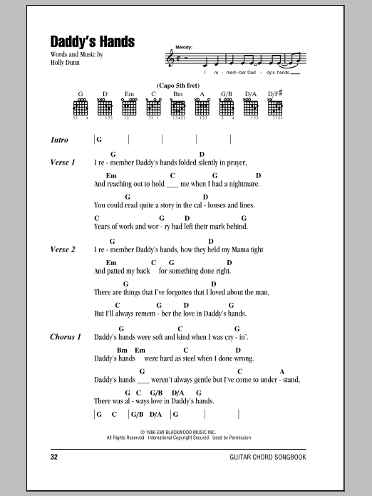 Holly Dunn Daddy's Hands sheet music notes and chords. Download Printable PDF.