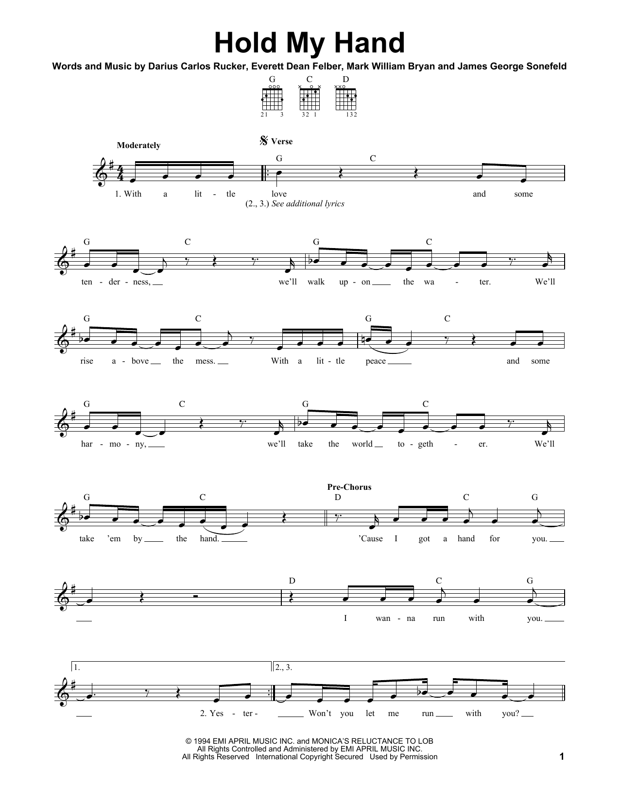 Hootie & The Blowfish Hold My Hand sheet music notes and chords. Download Printable PDF.