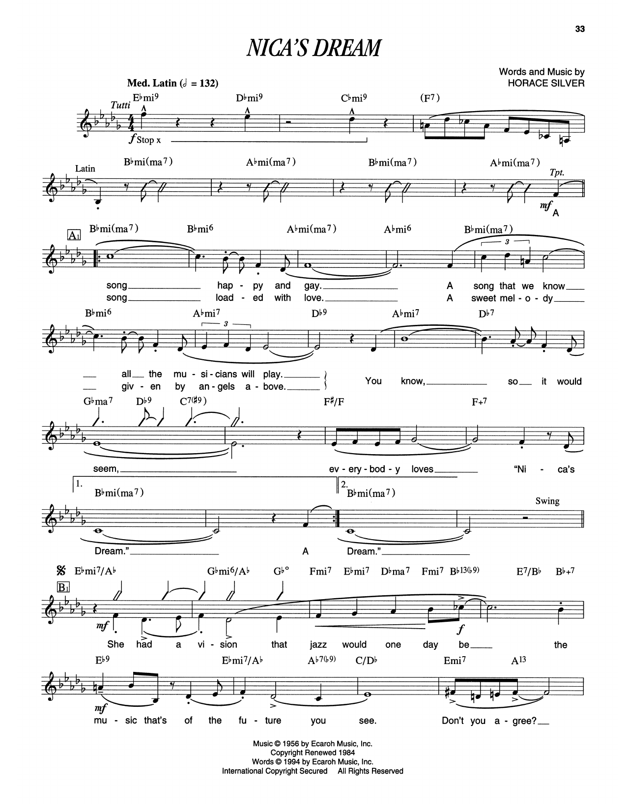 Horace Silver Nica's Dream sheet music notes and chords. Download Printable PDF.