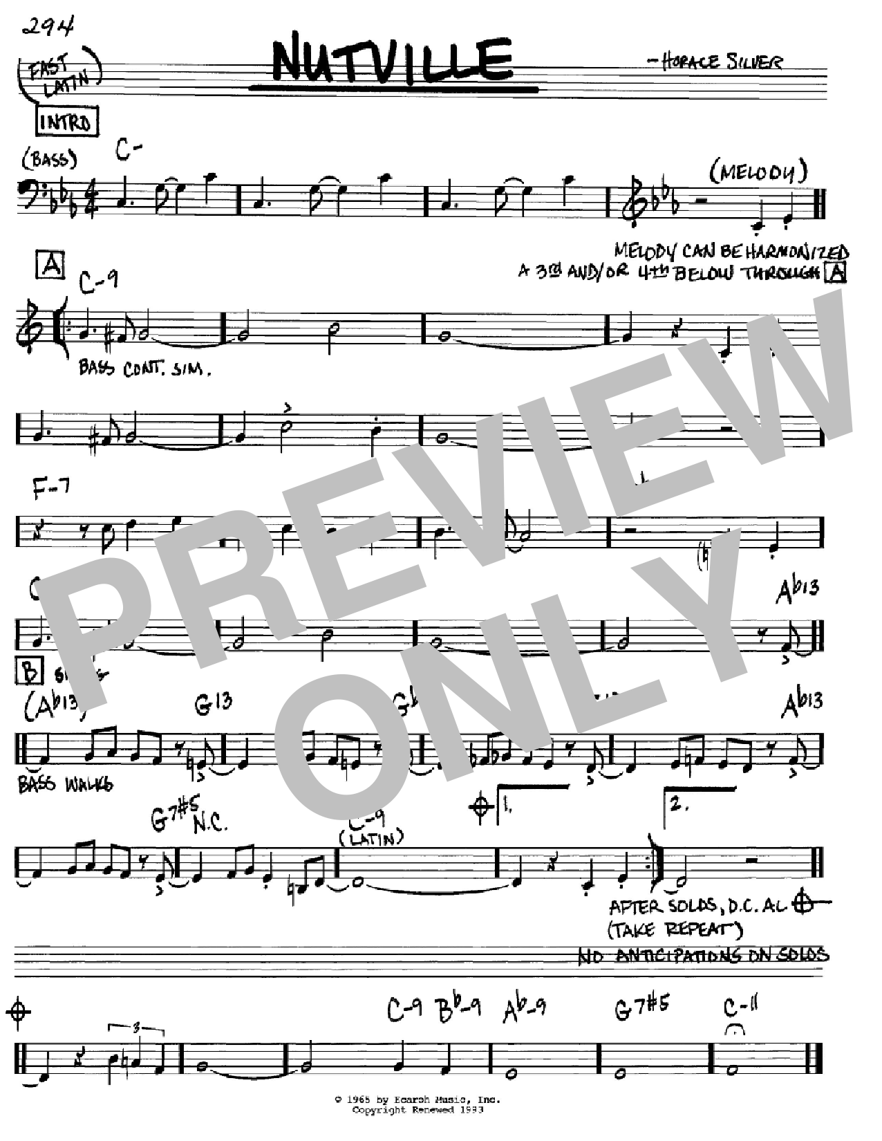 Horace Silver Nutville sheet music notes and chords arranged for Real Book – Melody & Chords – C Instruments