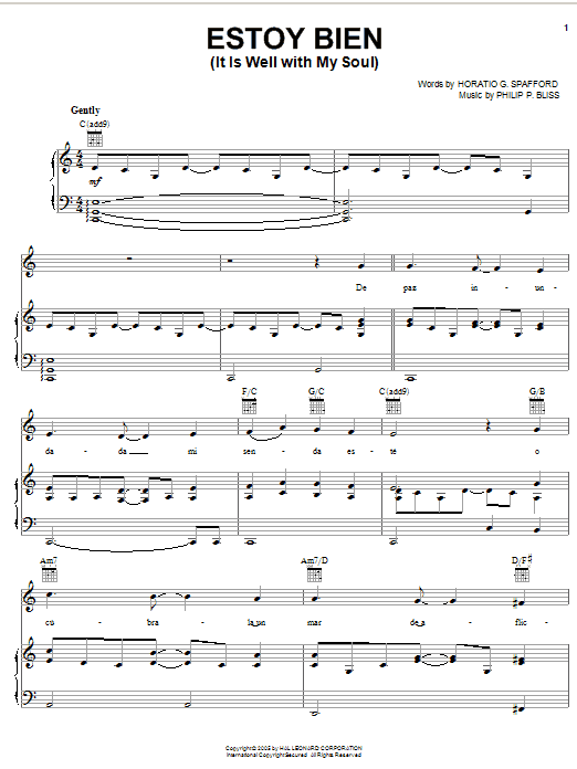 Learn to play Horatio G. Spafford Estoy Bien (It Is Well With My Soul) sheet music for Piano, Vocal & Guitar Chords (Right-Hand Melody) in minutes. Price: 7.8900$ Horatio G. Spafford Estoy Bien (It Is Well With My Soul) sheet music notes and chords arranged for Piano, Vocal & Guitar Chords (Right-Hand Melody)