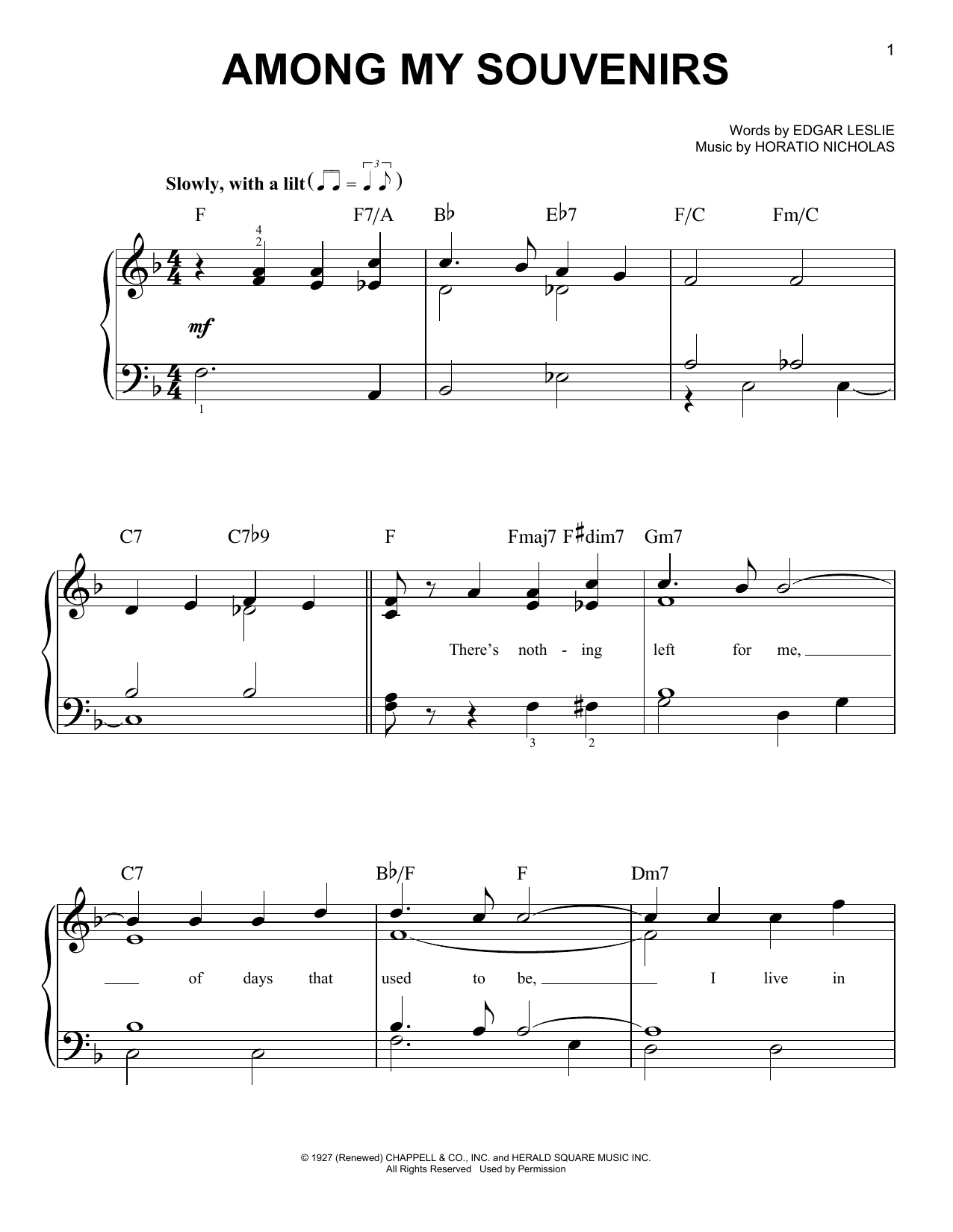 Learn to play Horatio Nicholls Among My Souvenirs sheet music for Easy Piano in minutes. Price: 6.9900$ Horatio Nicholls Among My Souvenirs sheet music notes and chords arranged for Easy Piano