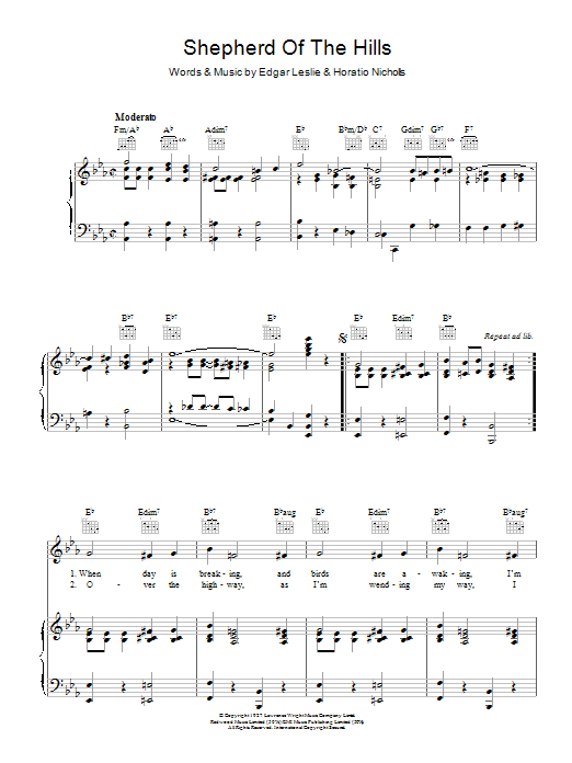Learn to play Horatio Nicholls Shepherd Of The Hills sheet music for Piano, Vocal & Guitar Chords in minutes. Price: 7.8900$ Horatio Nicholls Shepherd Of The Hills sheet music notes and chords arranged for Piano, Vocal & Guitar Chords