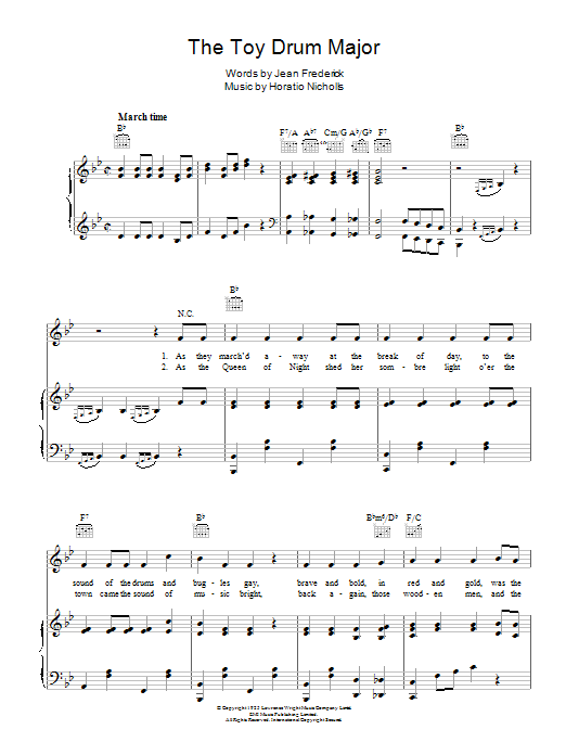 Learn to play Horatio Nicholls The Toy Drum Major sheet music for Piano, Vocal & Guitar Chords in minutes. Price: 7.8900$ Horatio Nicholls The Toy Drum Major sheet music notes and chords arranged for Piano, Vocal & Guitar Chords