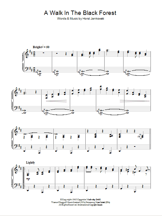Learn to play Horst Jankowski A Walk In The Black Forest (Eine Schwarwaldfahrt) sheet music for Piano Solo in minutes. Price: 7.8900$ Horst Jankowski A Walk In The Black Forest (Eine Schwarwaldfahrt) sheet music notes and chords arranged for Piano Solo