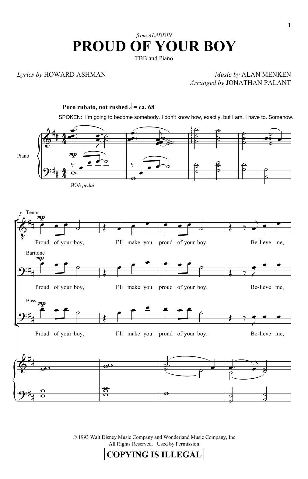 Howard Ashman and Alan Menken Proud Of Your Boy (from Aladdin: The Broadway Musical) (arr. Jonathan Palant) sheet music notes and chords. Download Printable PDF.