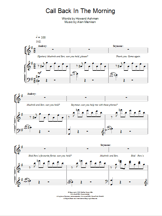 Alan Menken Call Back In The Morning (from Little Shop Of Horrors) sheet music notes and chords arranged for Piano, Vocal & Guitar Chords