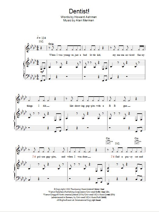 Learn to play Howard Ashman Dentist! (from Little Shop of Horrors) sheet music for Piano, Vocal & Guitar Chords in minutes. Price: 7.8900$ Howard Ashman Dentist! (from Little Shop of Horrors) sheet music notes and chords arranged for Piano, Vocal & Guitar Chords