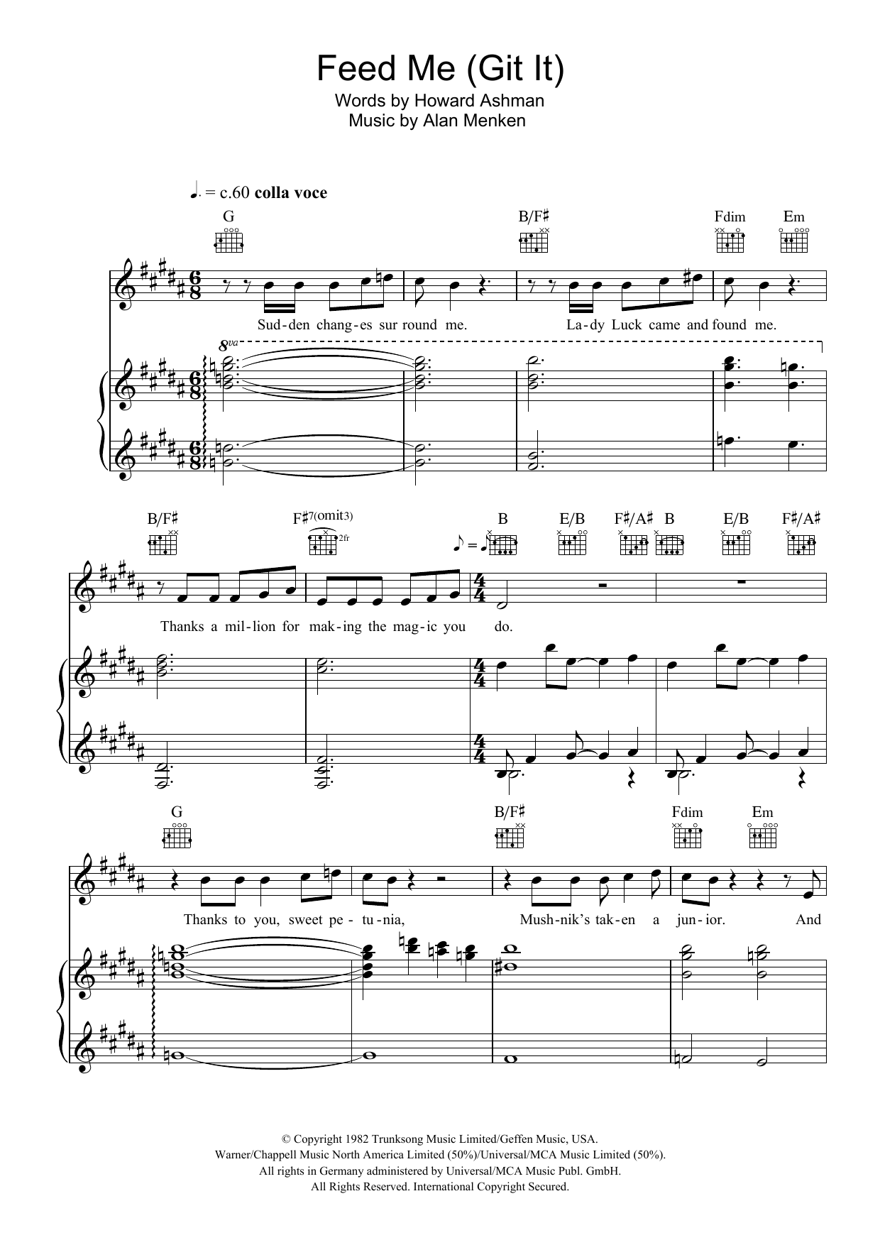 Learn to play Howard Ashman Feed Me (from Little Shop of Horrors) sheet music for Piano, Vocal & Guitar Chords in minutes. Price: 7.8900$ Howard Ashman Feed Me (from Little Shop of Horrors) sheet music notes and chords arranged for Piano, Vocal & Guitar Chords