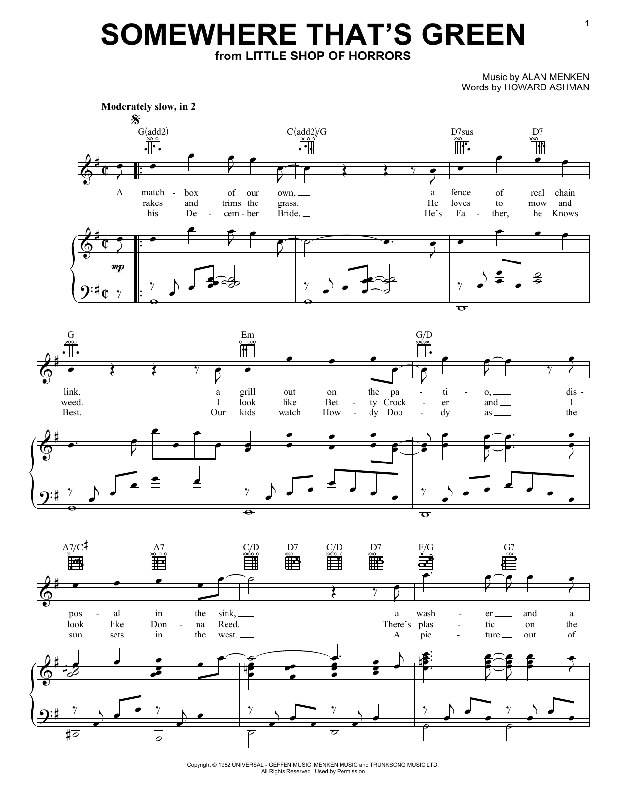 Alan Menken Somewhere That's Green sheet music notes and chords. Download Printable PDF.