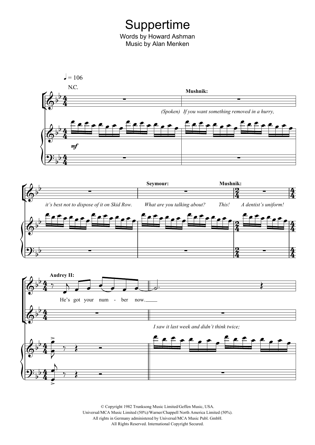 Learn to play Howard Ashman Suppertime (from Little Shop of Horrors) sheet music for Piano, Vocal & Guitar Chords in minutes. Price: 7.8900$ Howard Ashman Suppertime (from Little Shop of Horrors) sheet music notes and chords arranged for Piano, Vocal & Guitar Chords