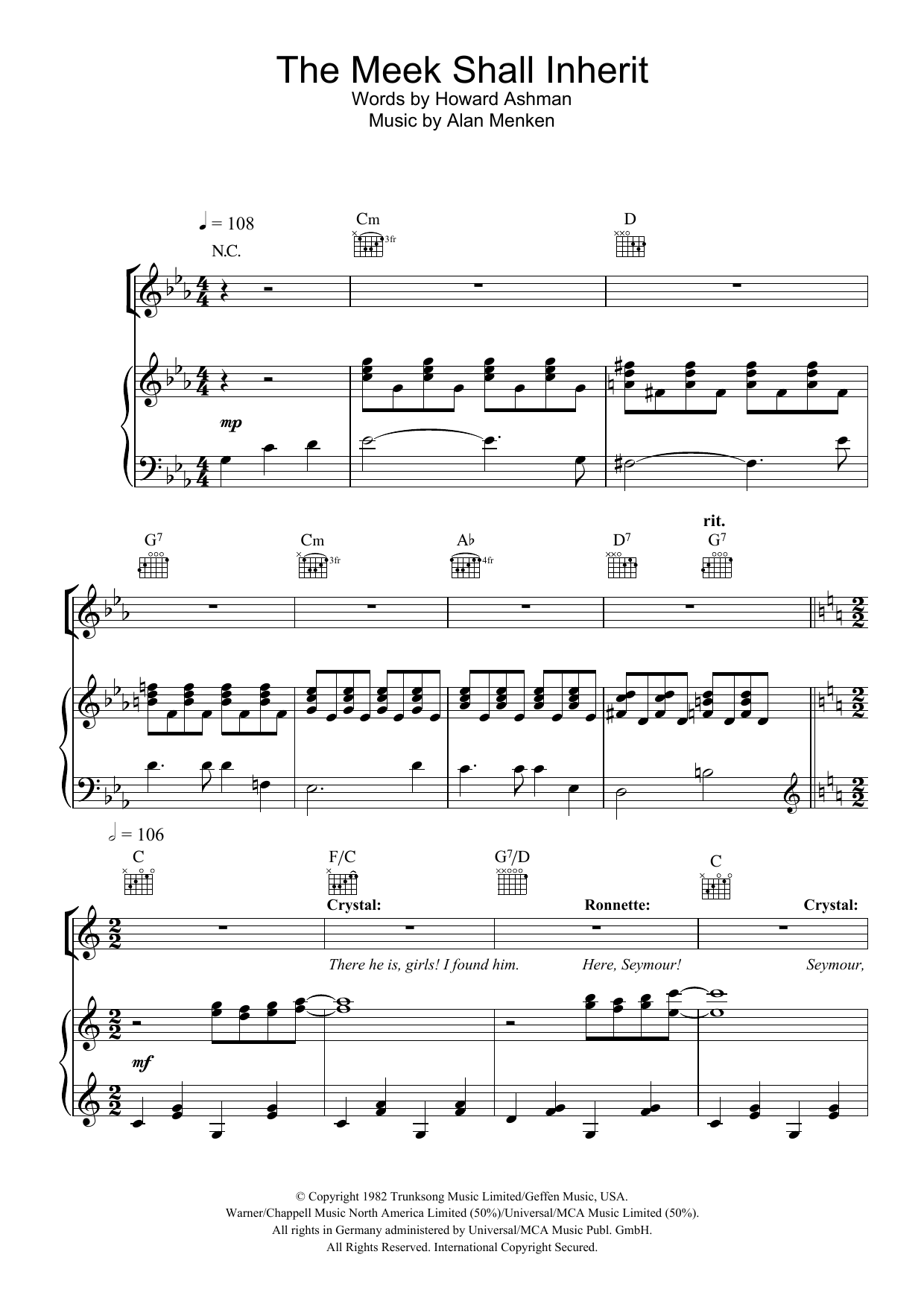 Alan Menken The Meek Shall Inherit sheet music notes and chords arranged for Piano, Vocal & Guitar Chords
