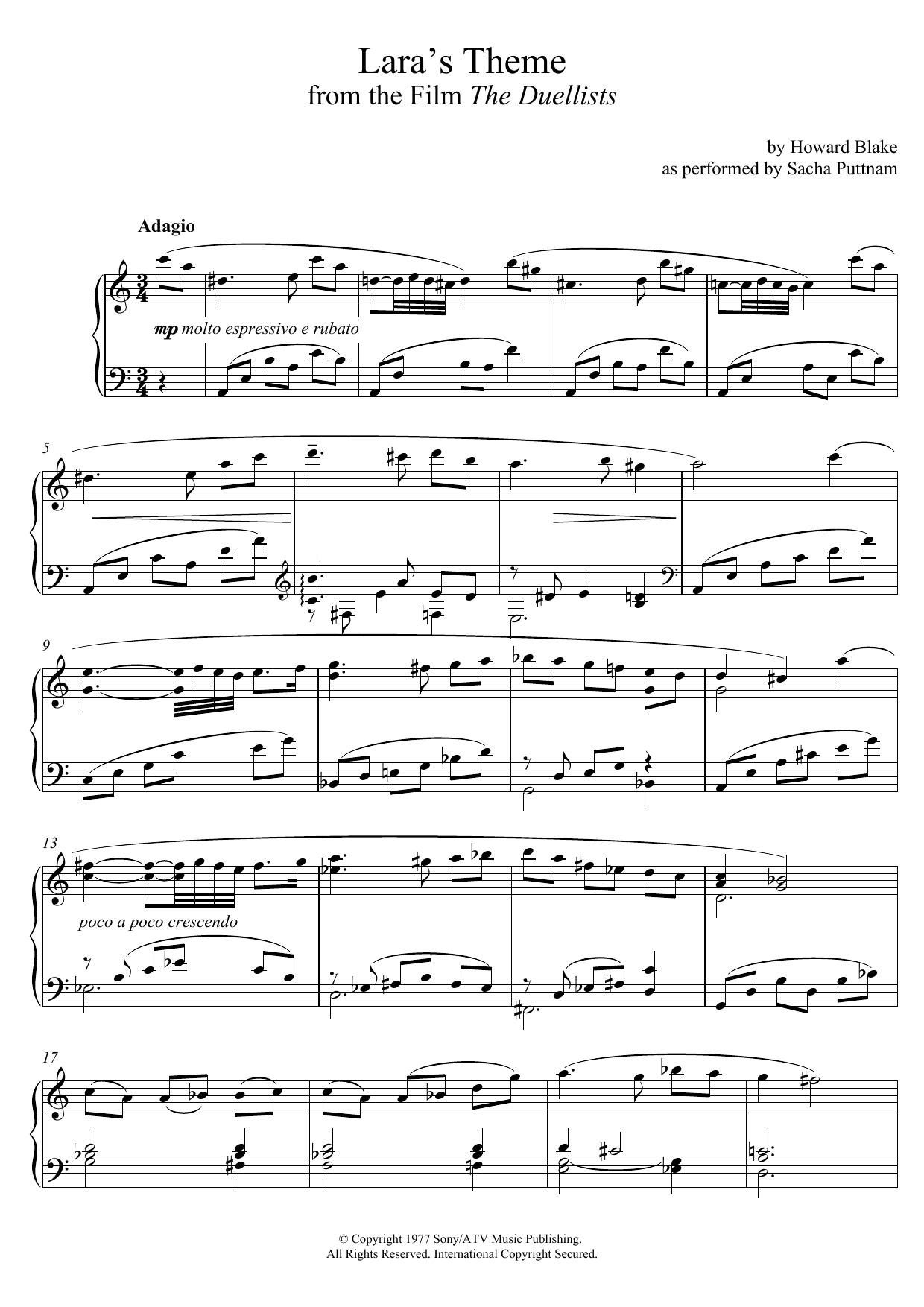 Learn to play Howard Blake Lara's Theme (From The Duellists) (as performed by Sacha Puttnam) sheet music for Piano Solo in minutes. Price: 7.8900$ Howard Blake Lara's Theme (From The Duellists) (as performed by Sacha Puttnam) sheet music notes and chords arranged for Piano Solo