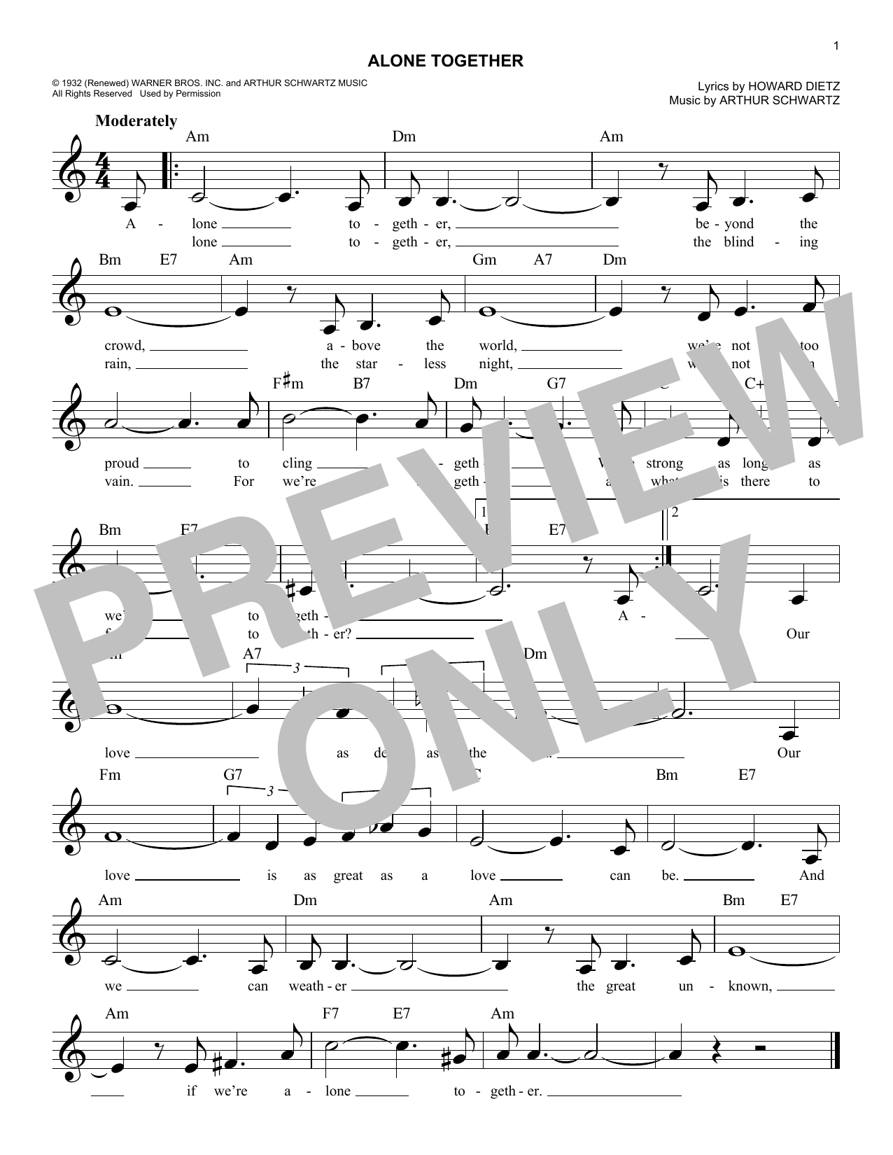 Howard Dietz Alone Together sheet music notes and chords. Download Printable PDF.