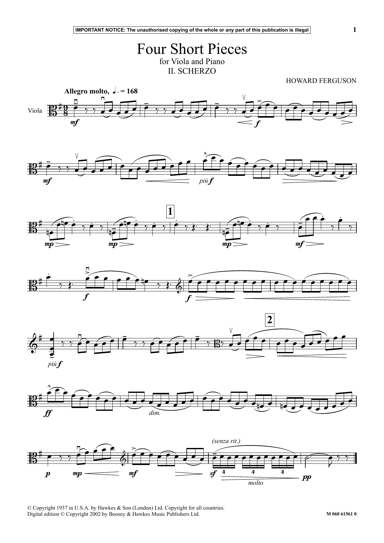 Learn to play Howard Ferguson II. Scherzo (from Four Short Pieces For Viola And Piano) sheet music for Viola and Piano in minutes. Price: 6.9900$ Howard Ferguson II. Scherzo (from Four Short Pieces For Viola And Piano) sheet music notes and chords arranged for Viola and Piano