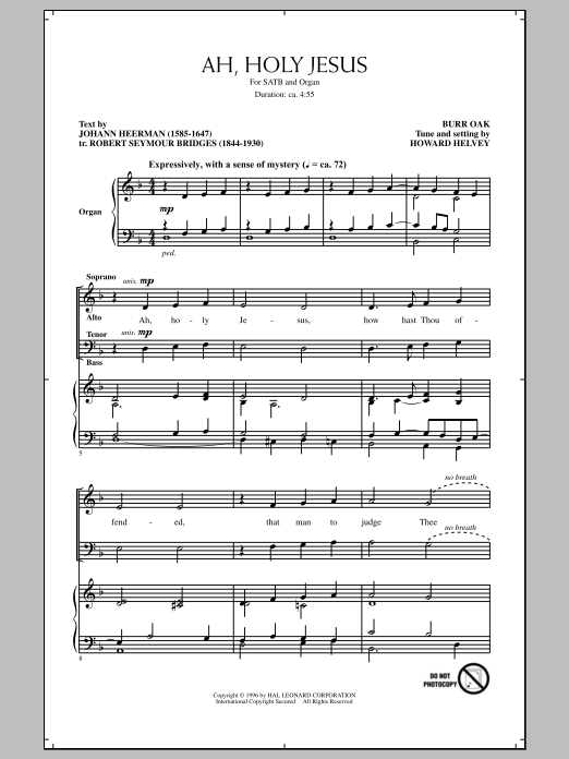 Learn to play Howard Helvey Ah, Holy Jesus sheet music for SATB Choir in minutes. Price: 3.9900$ Howard Helvey Ah, Holy Jesus sheet music notes and chords arranged for SATB Choir