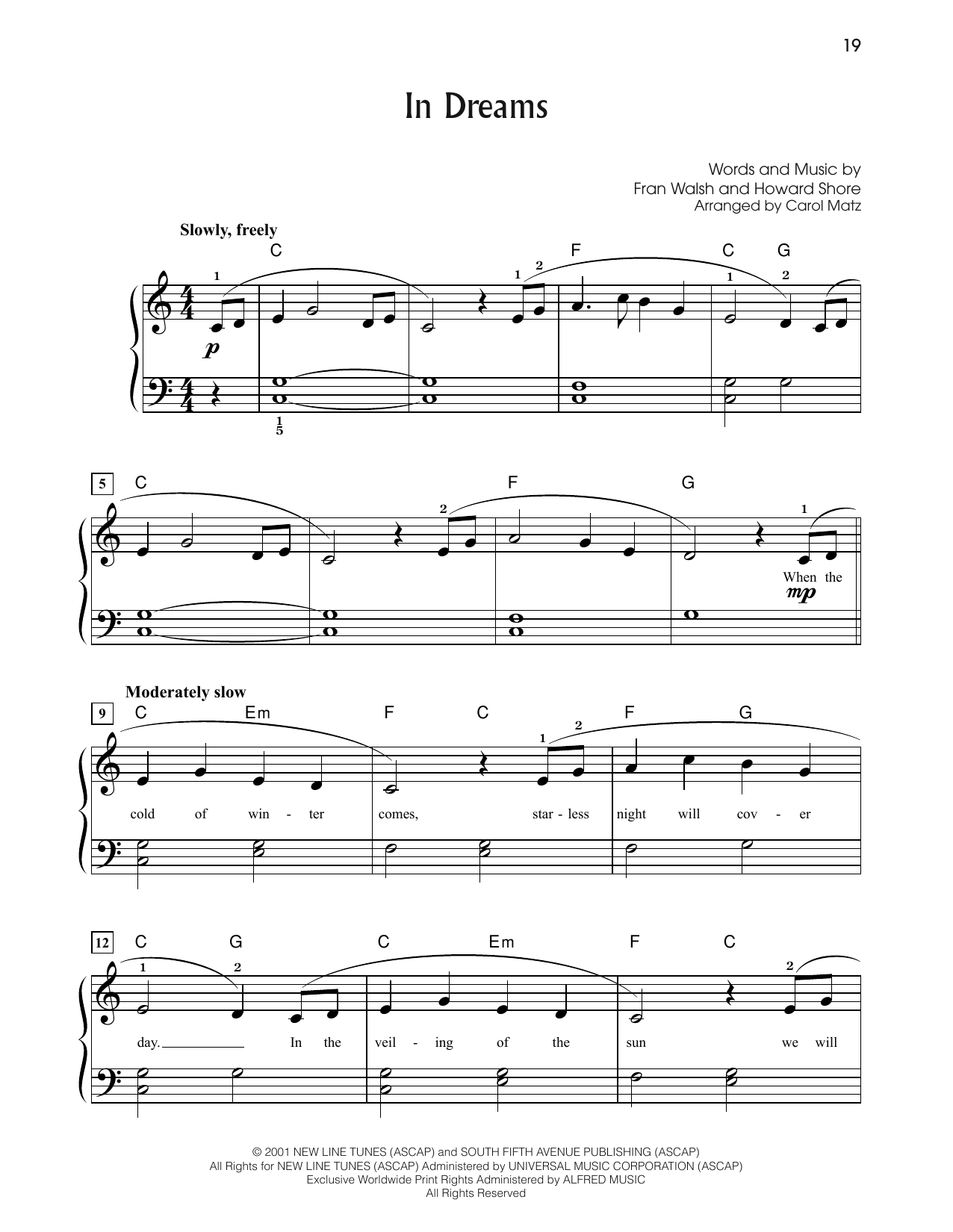 Howard Shore In Dreams (from The Lord Of The Rings: The Fellowship Of The Ring) (arr. Carol Matz) sheet music notes and chords. Download Printable PDF.