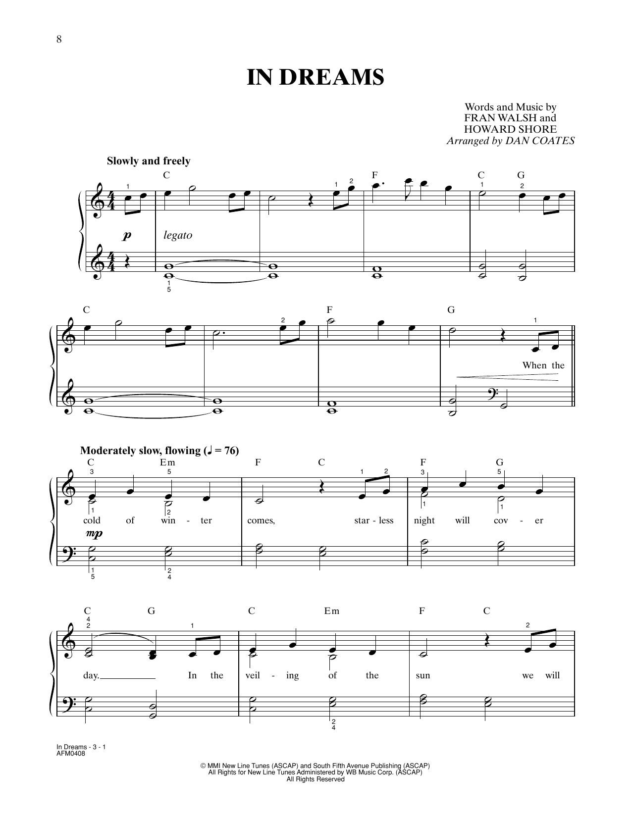 Howard Shore In Dreams (from The Lord Of The Rings: The Fellowship Of The Ring) (arr. Dan Coates) sheet music notes and chords. Download Printable PDF.