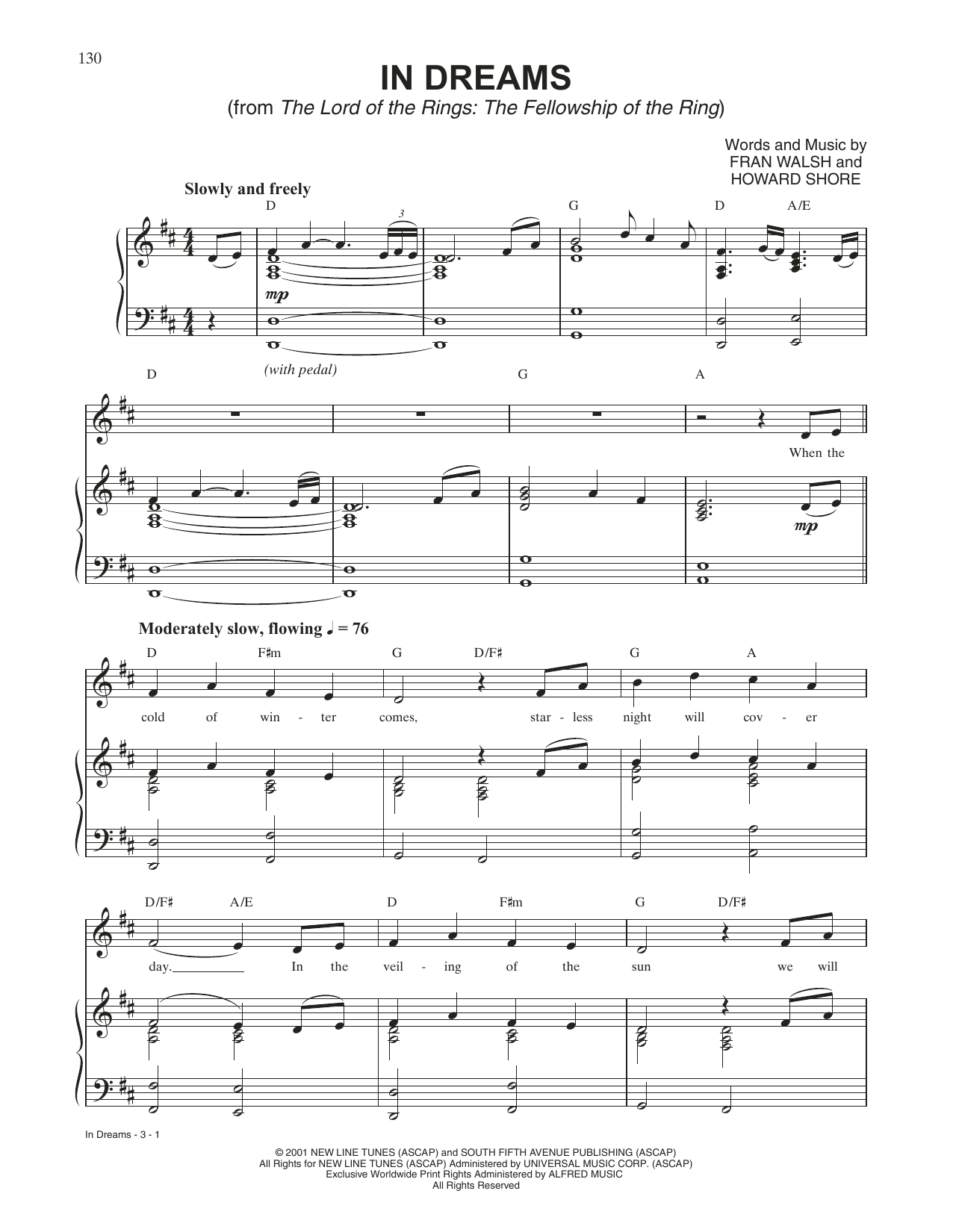 Howard Shore In Dreams (from The Lord Of The Rings: The Fellowship Of The Ring) sheet music notes and chords. Download Printable PDF.