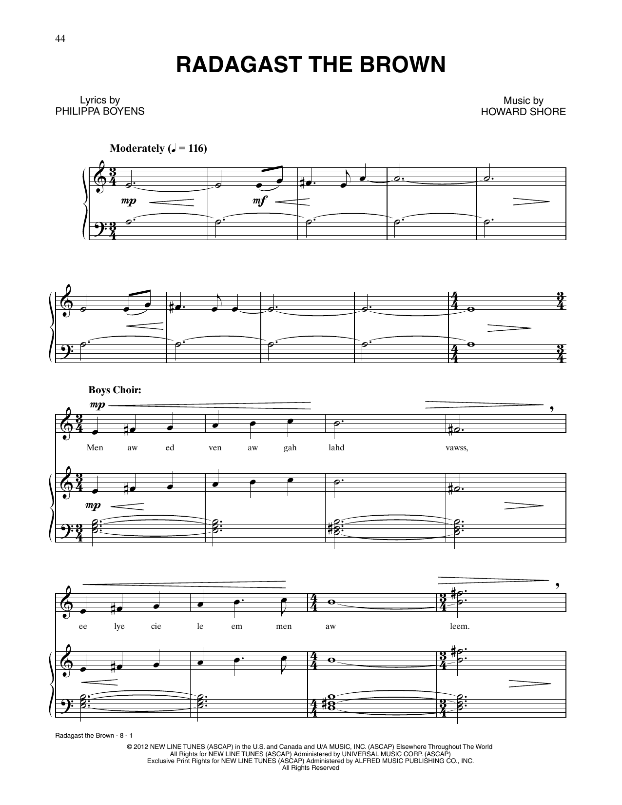 Learn to play Howard Shore Radagast The Brown (from The Hobbit: An Unexpected Journey) sheet music for Piano & Vocal in minutes. Price: 7.8900$ Howard Shore Radagast The Brown (from The Hobbit: An Unexpected Journey) sheet music notes and chords arranged for Piano & Vocal