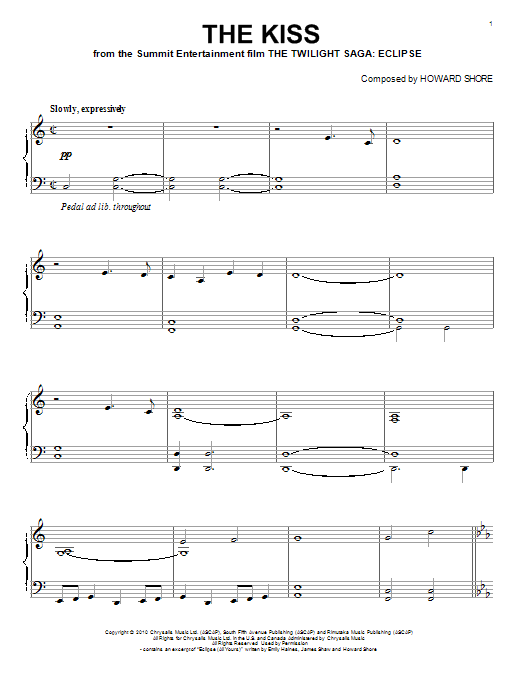 Howard Shore The Kiss sheet music notes and chords arranged for Piano Solo