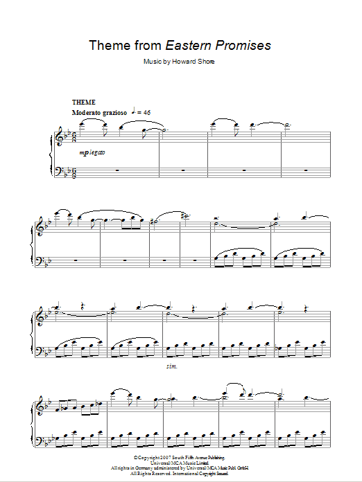 Howard Shore Theme from Eastern Promises sheet music notes and chords arranged for Piano Solo