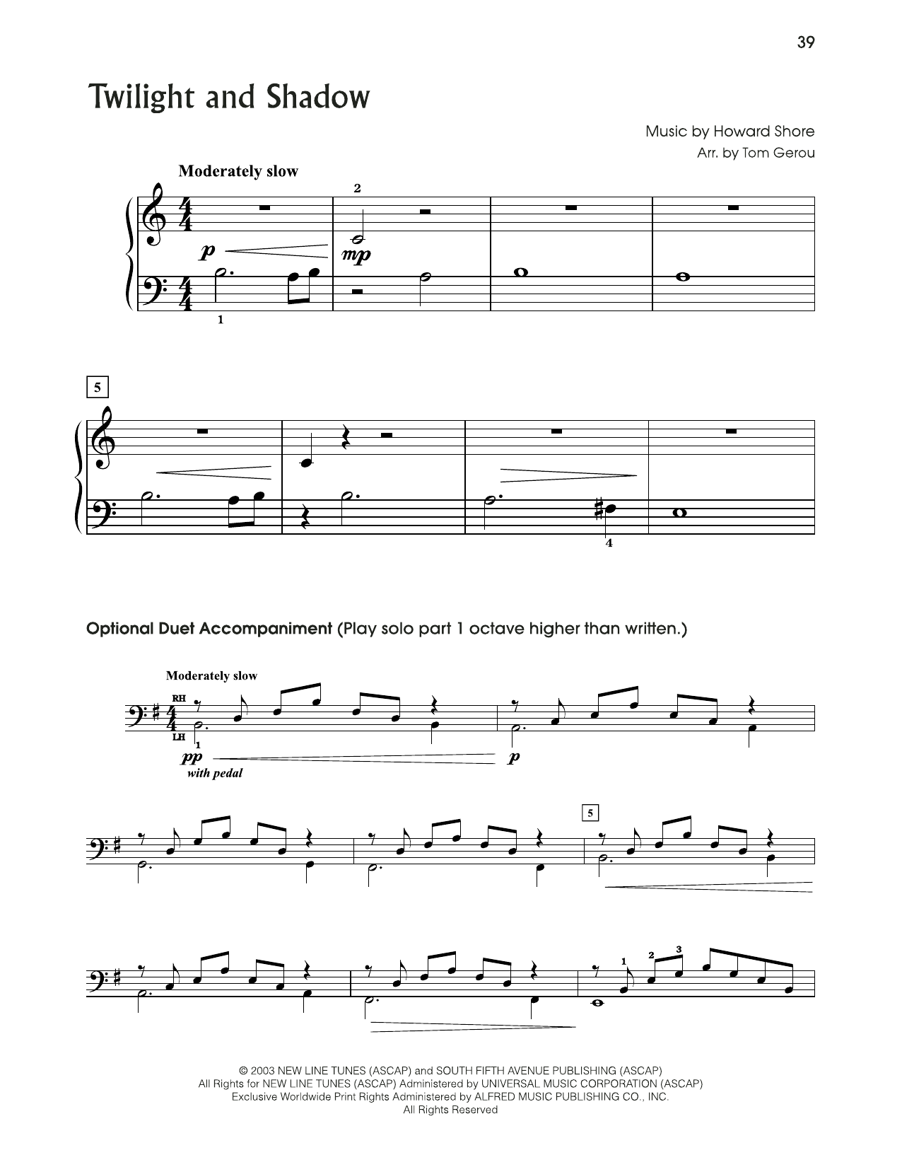 Howard Shore Twilight And Shadow (from The Lord Of The Rings) (arr. Tom Gerou) sheet music notes and chords. Download Printable PDF.