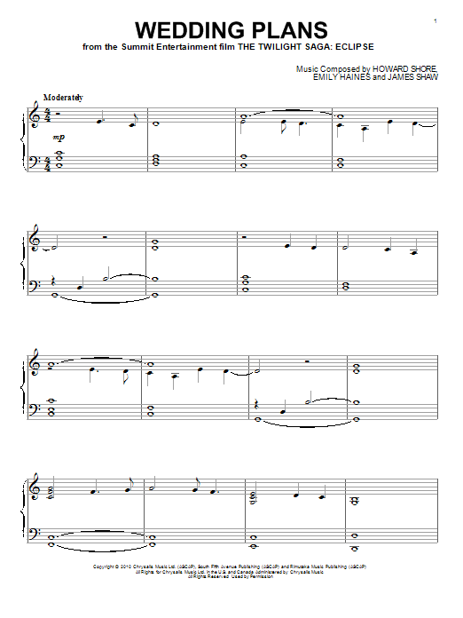 Learn to play Howard Shore Wedding Plans sheet music for Piano Solo in minutes. Price: 7.8900$ Howard Shore Wedding Plans sheet music notes and chords arranged for Piano Solo