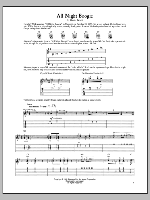 Learn to play Howlin' Wolf All Night Boogie sheet music for Guitar Tab in minutes. Price: 7.8900$ Howlin' Wolf All Night Boogie sheet music notes and chords arranged for Guitar Tab