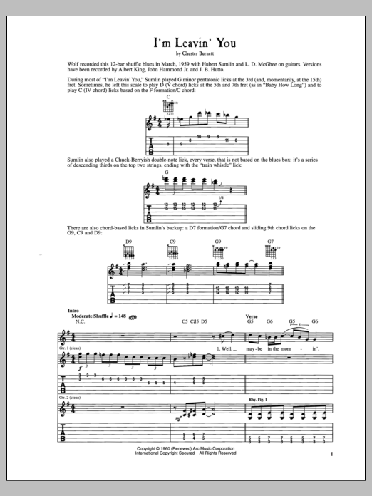 Learn to play Howlin' Wolf I'm Leavin' You sheet music for Guitar Tab in minutes. Price: 7.8900$ Howlin' Wolf I'm Leavin' You sheet music notes and chords arranged for Guitar Tab