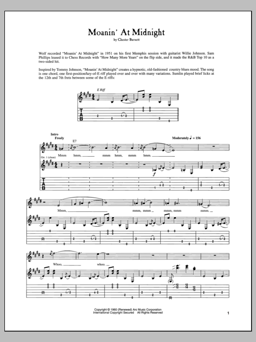 Howlin' Wolf Moanin' At Midnight sheet music notes and chords. Download Printable PDF.