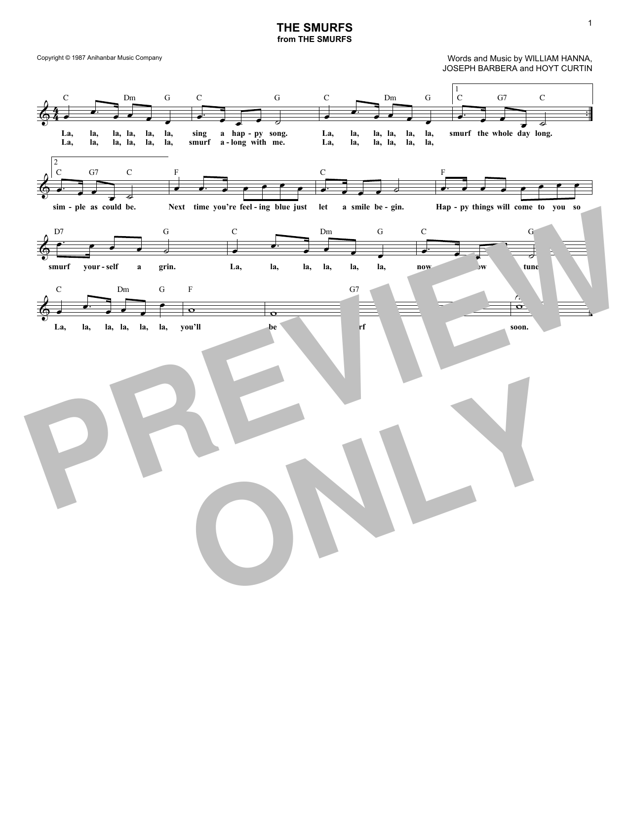 Hoyt Curtin The Smurfs sheet music notes and chords. Download Printable PDF.